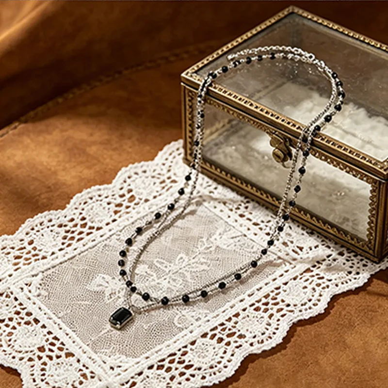 Black Gemstone Layered Necklaces for Women Beaded Crystal Dainty Gothic Punk Statement Vintage Grunge Cool Jewelry