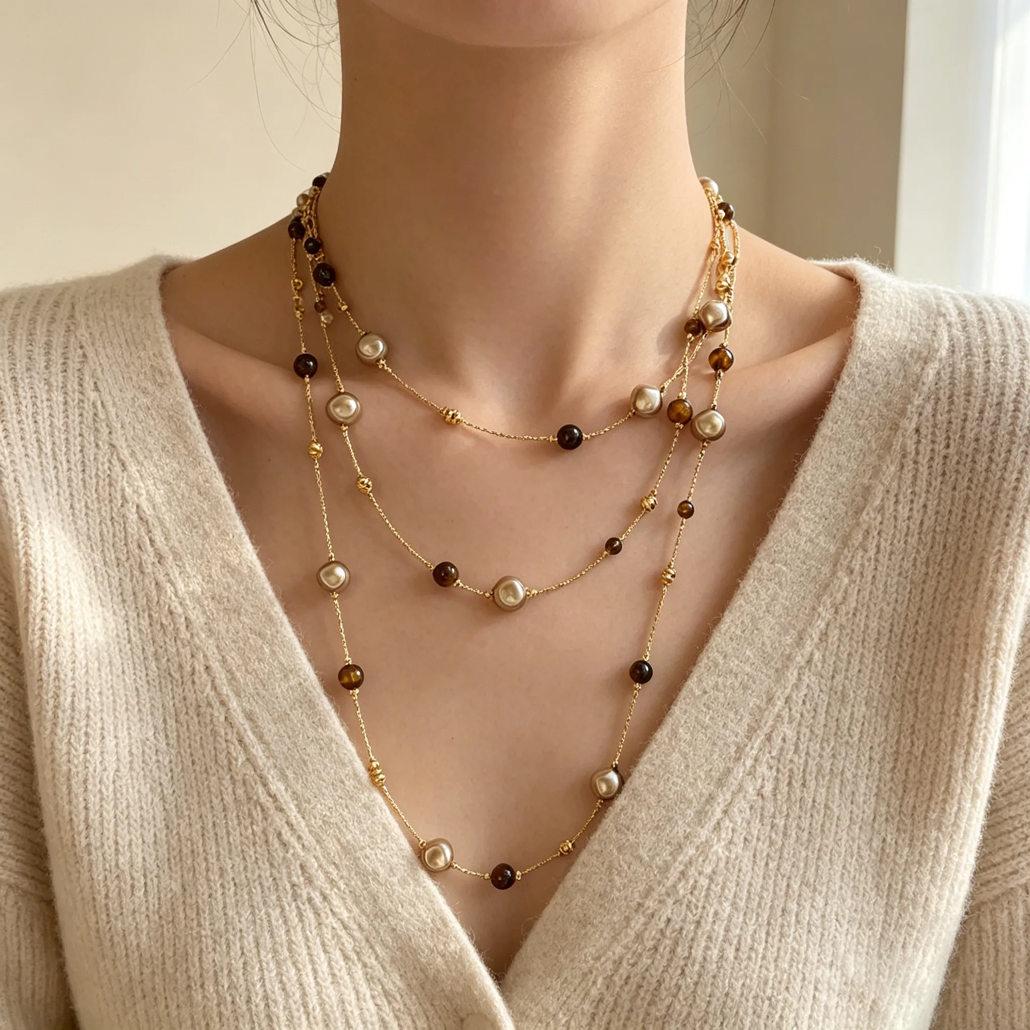 18K Gold Plated Irregular Imitation Pearl Tiger Eye Beaded Double Layer Long Sweater Chain Vintage Dainty Layering Women Elegant Necklaces view 3