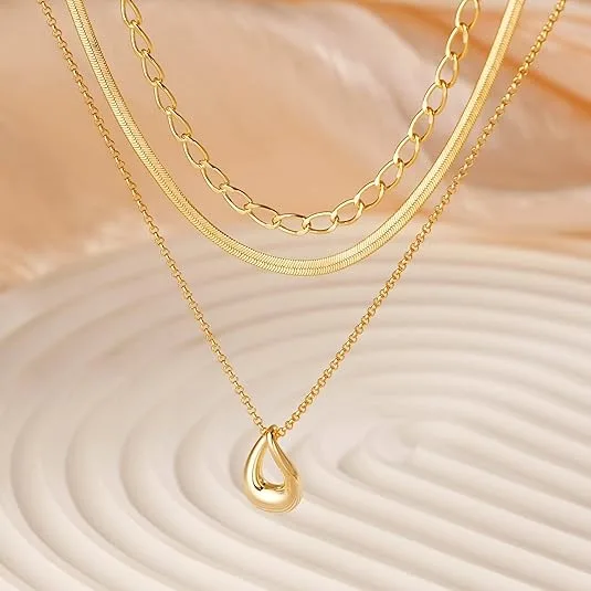 Three Layer Paperclip Flat Snake Teardrop Pendant Women Necklaces Golden fashion Vintage Minimal Daily Stackable jewelry