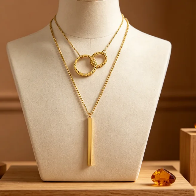 Wholesale Double Circle Bar Layered Stainless Steel Necklaces for Women Hammered Geometric Dainty Minimalist Boho Jewelry