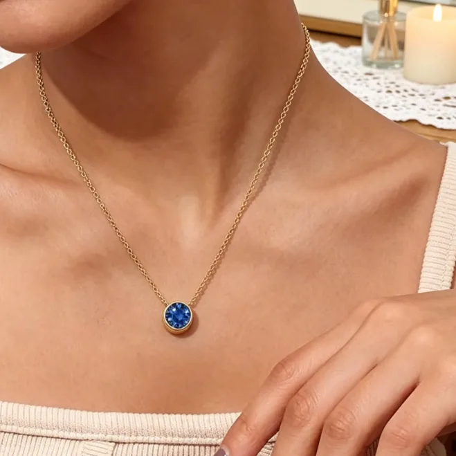 Birthstone Pendant Stainless Steel Round CZ Necklaces for Women Solitaire Bezel Cubic Zirconia Dainty Elegant Layered Necklace view 3
