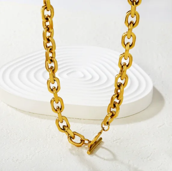 Waterproof Anti-Tarnish Jewelry Stainless Steel Chunky Oval Link OT Toggle Clasp Hip Hop Unisex Versatile Statement Fashion Necklaces