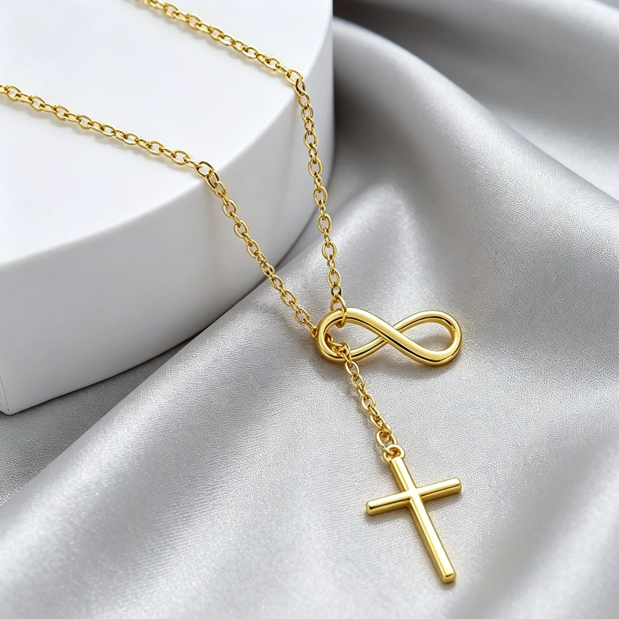 Infinity Symbol Cross Tassel Pendant Thin Cable Chain Gold Tone Minimal Dainty Religious Necklaces fancy jewelry for Women
