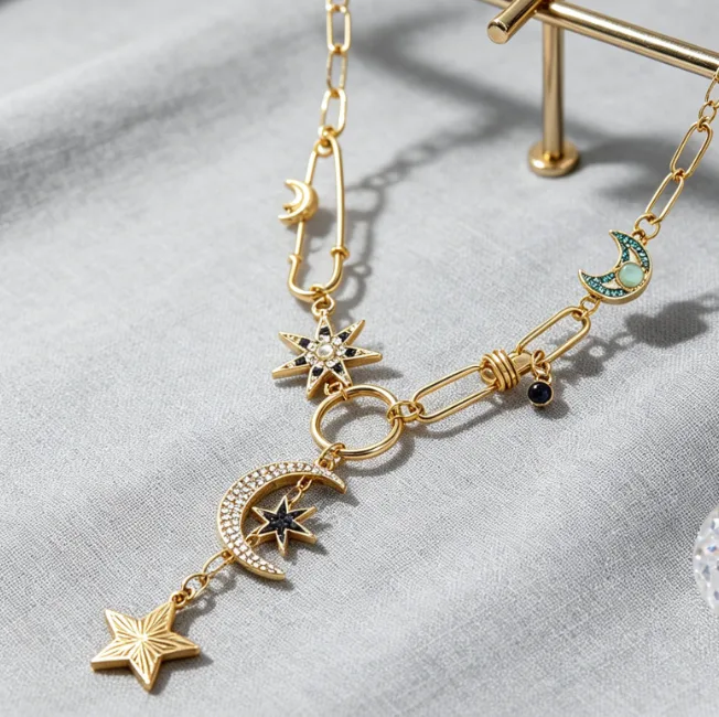 Star Moon Charm Pendant Necklace Set Celestial Necklaces for Women Layered Statement Boho Vintage Crescent Aesthetic Trendy Gift view 2