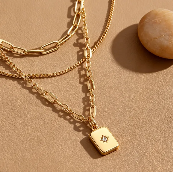 Layered Square Pendant Necklace Set Stainless Steel Star CZ Necklaces for Women Paperclip Box Chain Dainty Statement Boho Trendy