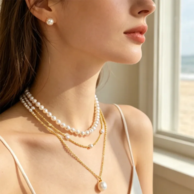 Wholesale Imitation Pearl Layered Pendant Stainless Steel Necklaces for Women Dainty Beaded Wedding Bridal Elegant Boho Aesthetic Gift Jewelry view 3