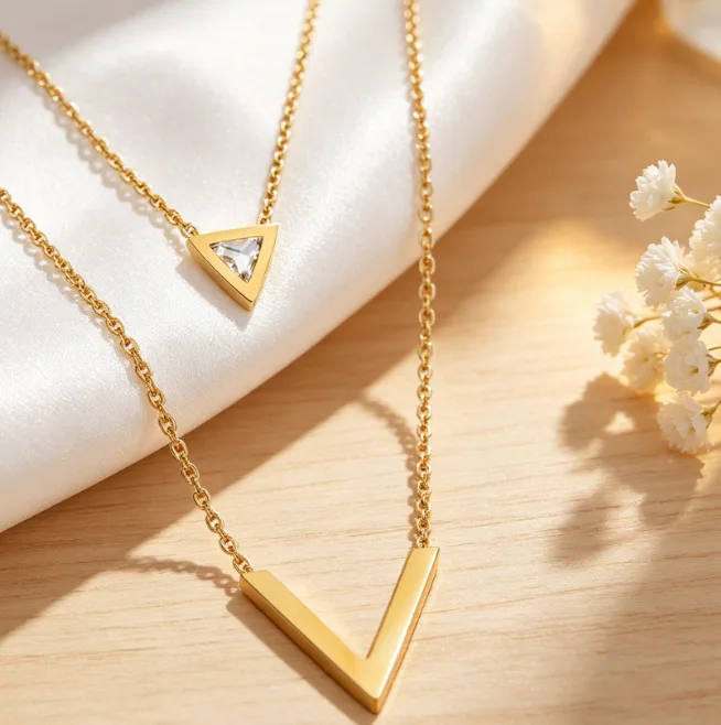Double Layer V Triangle CZ Necklace Stainless Steel Necklaces for Women Dainty Geometric Elegant Sweet Daily Layered Jewelry view 2