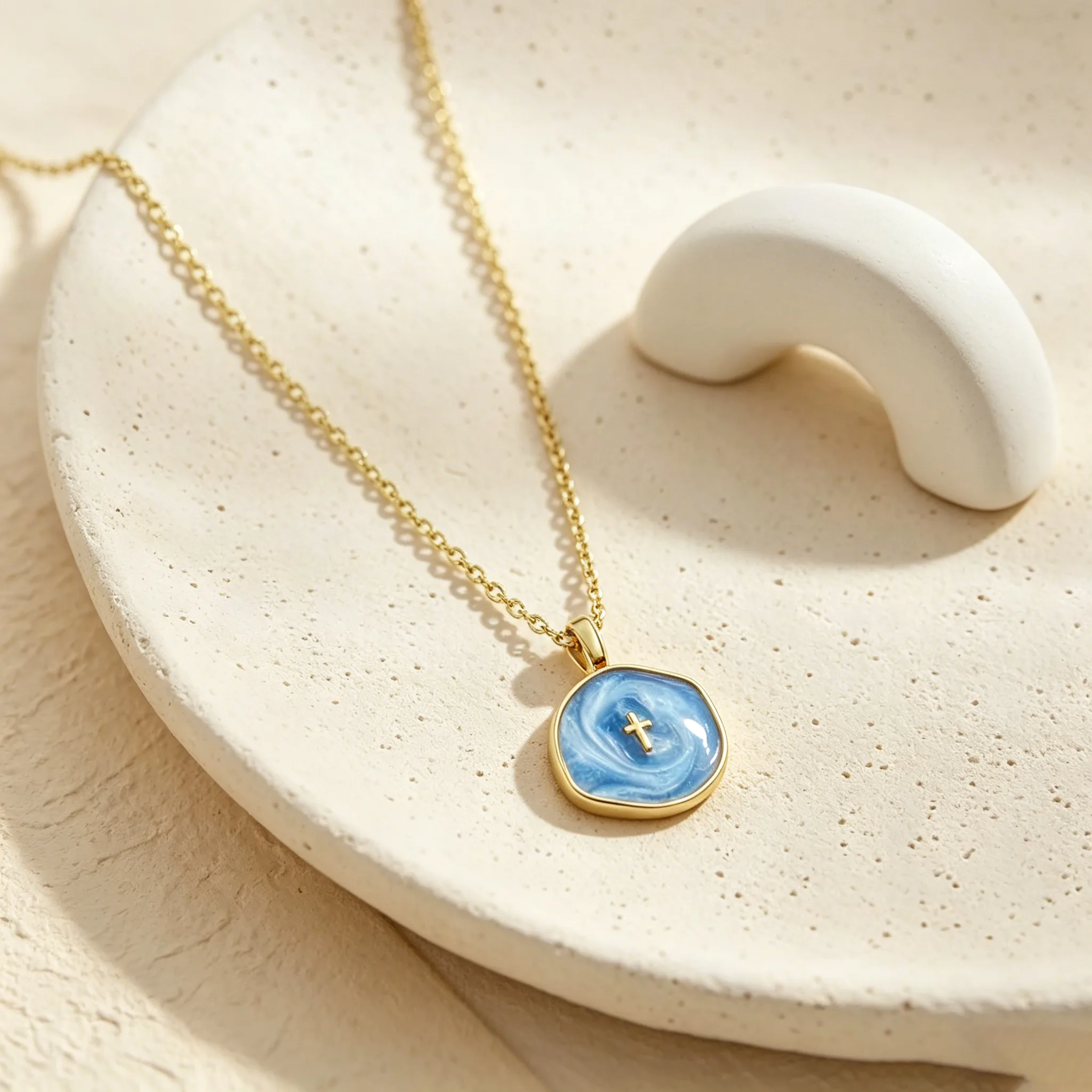 Multicolor Swirl Enamel Hexagon Cross Pendant Thin Clavicle Necklaces Gold Tone Copper Minimal Dainty Daily Stackable Women Faith Jewelry