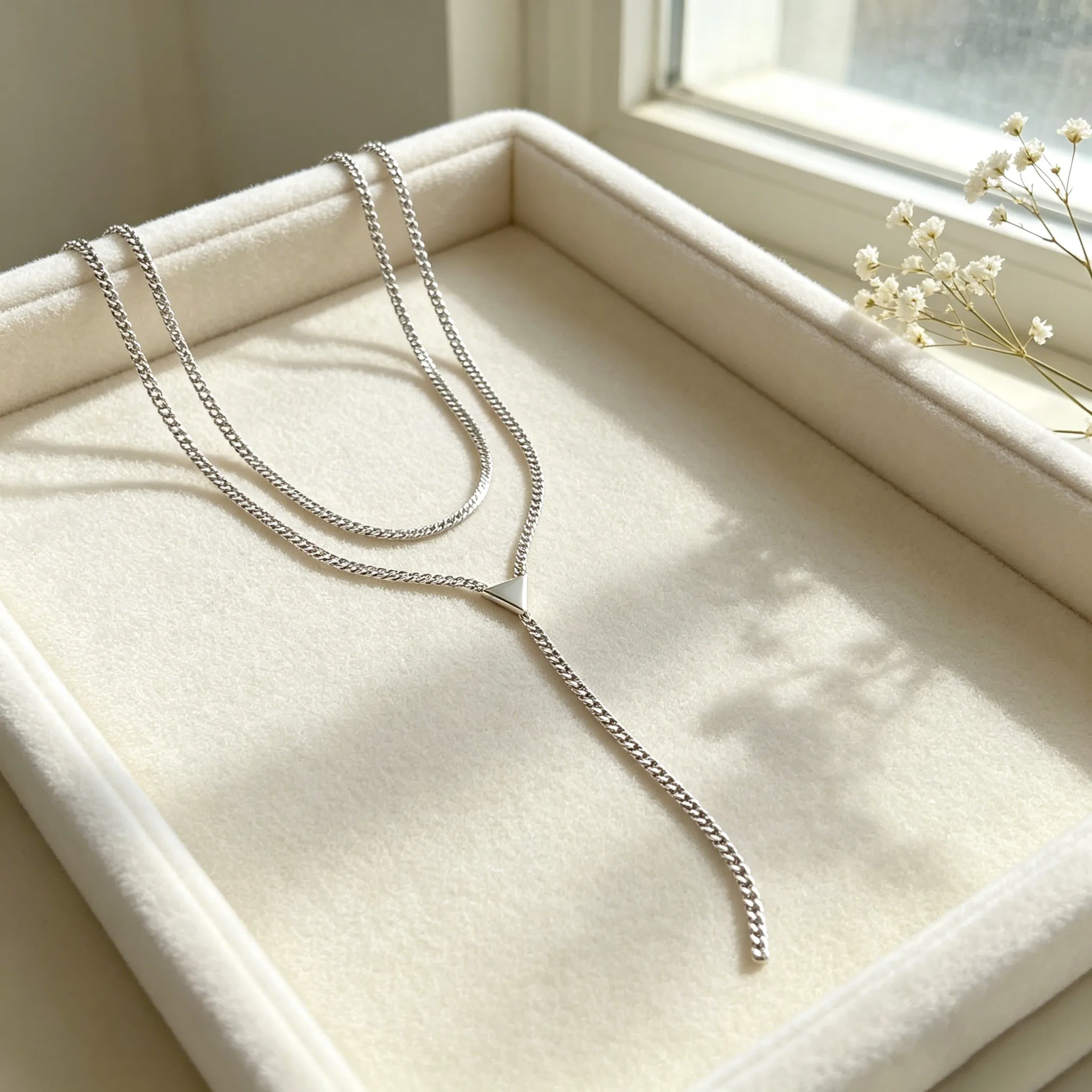 Two Layer Flat Snake Chain Y Shape Choker Necklaces Triangle Pendant Silver Gold Tone Minimalist Trendy Women Evening Party Jewelry view 2