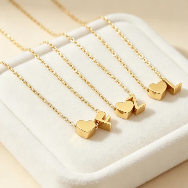 Tiny Heart A-Z Initial Letter Pendant Necklace 18K Gold Plated Stainless Steel Dainty Personalized Charms BFF Couples Jewelry