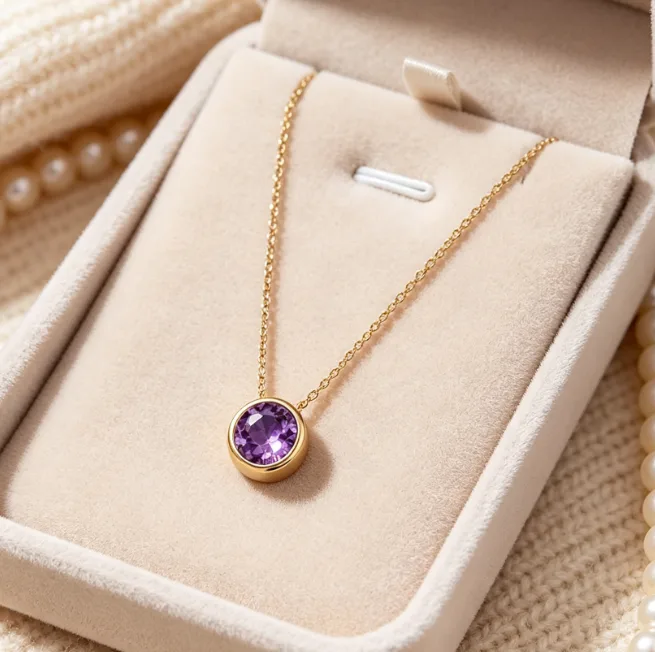 Birthstone Pendant Stainless Steel Round CZ Necklaces for Women Solitaire Bezel Cubic Zirconia Dainty Elegant Layered Necklace