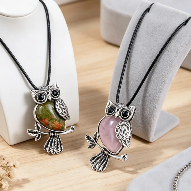 Owl Natural Crystal Pendant Necklace Healing Gemstone Necklaces for Women Animal Quartz Vintage Boho Reiki Amulet Statement