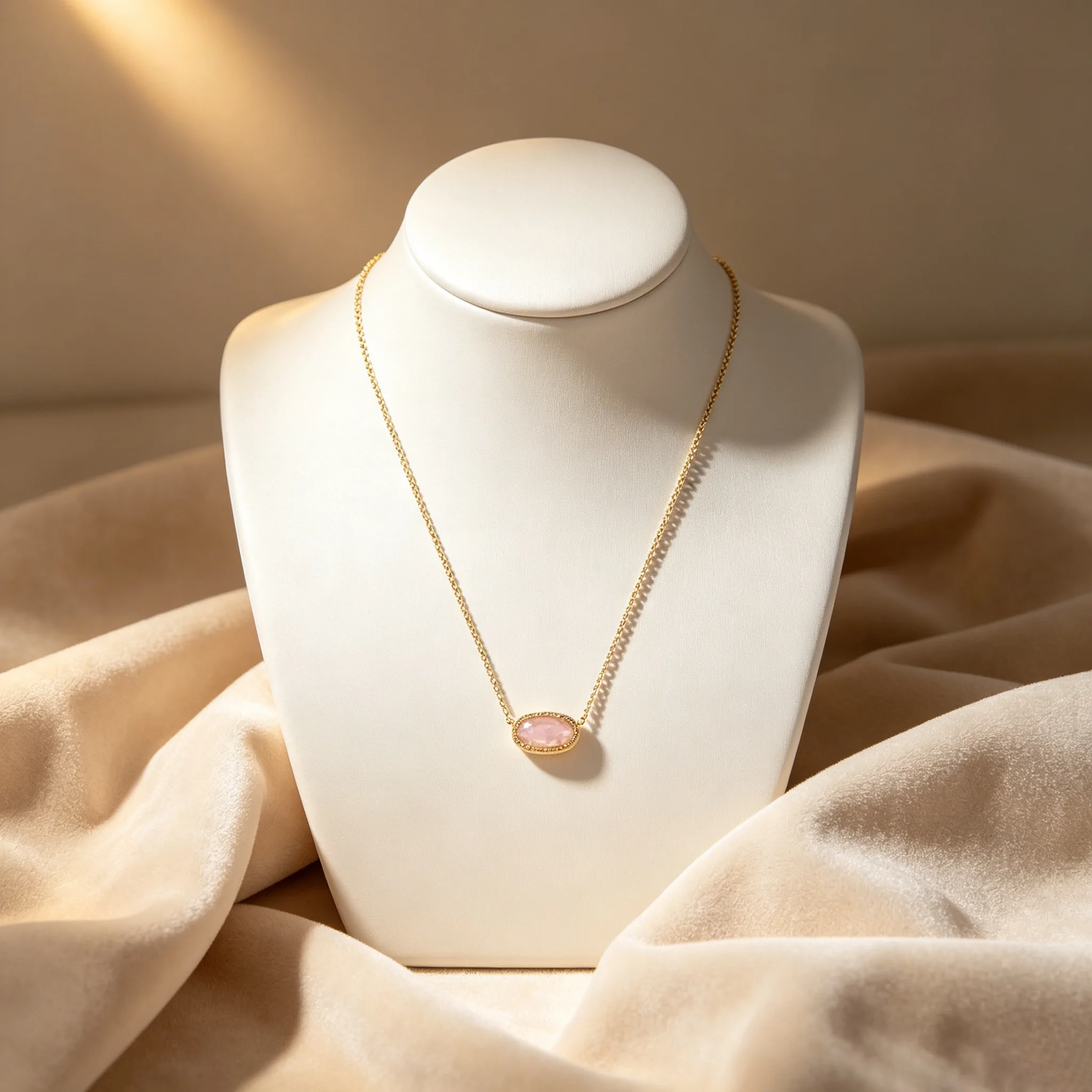 18K Gold Plated Oval Pink Gemstone Prong Pendant Dainty Women Fashion Necklaces Hypoallergenic Waterproof Anti-Tarnish Stainless Steel Jewelry view 2