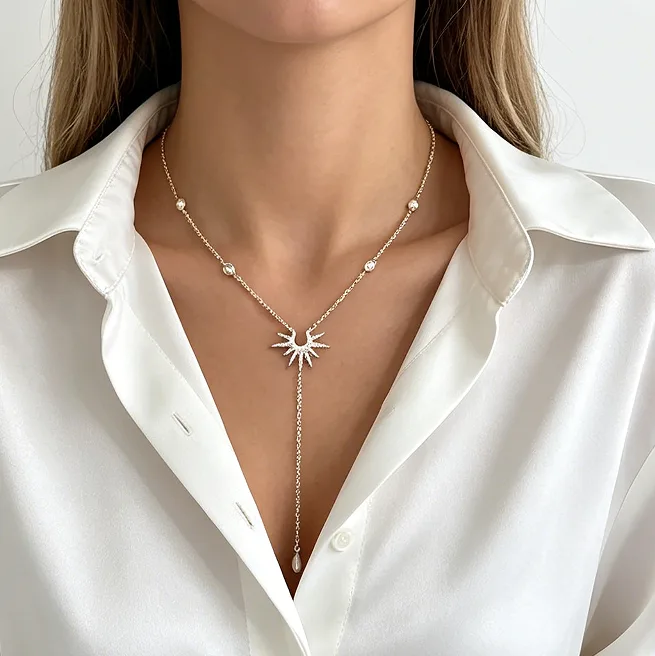 Sunburst Star Lariat Y Long Necklaces for Women Layered Drop Celestial Dainty Minimalist Boho Statement Aesthetic Necklace view 3