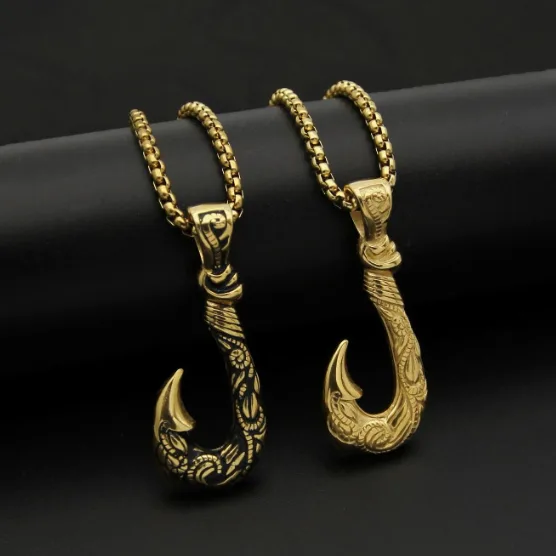Hypoallergenic Waterproof Anti-Tarnish Stainless Steel Engraved Viking Fish Hook Pendant Box Chain Retro Hip Hop Unisex Trendy Statement Necklaces view 2