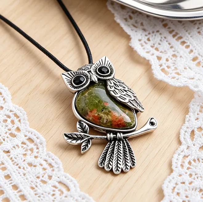 Owl Natural Crystal Pendant Necklace Healing Gemstone Necklaces for Women Animal Quartz Vintage Boho Reiki Amulet Statement view 2