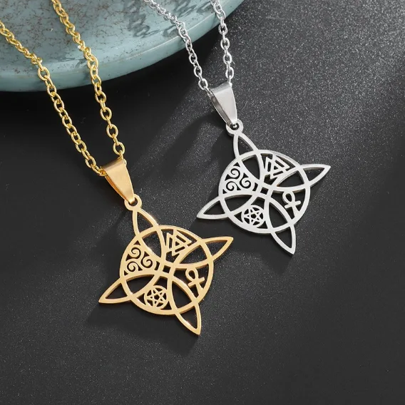 Witch Knot Pendant Necklace Stainless Steel Celtic Necklaces for Women Witchcraft Wicca Amulet Vintage Protection Statement Jewelry