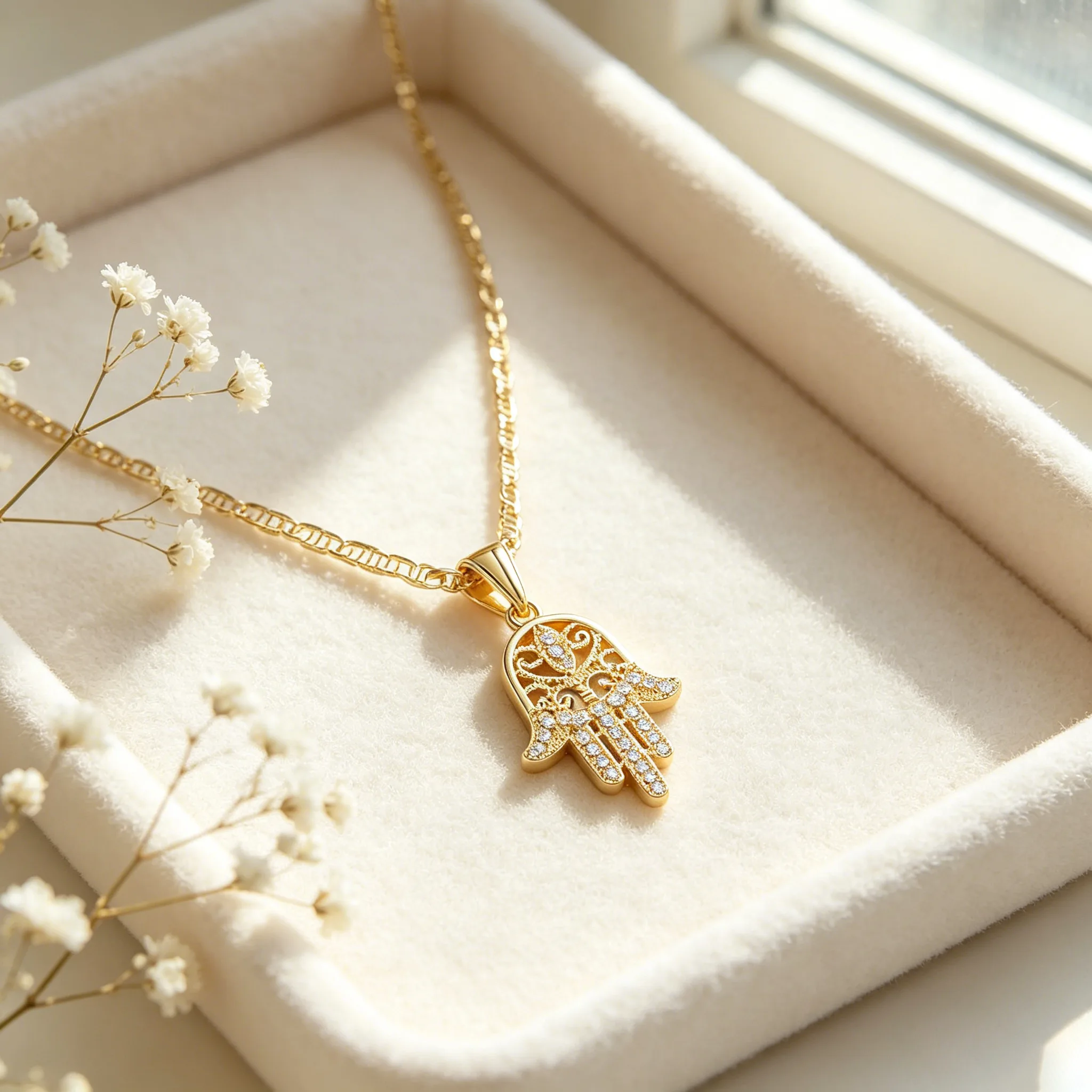 Luxury Zircon Hollow Hamsa Hand Pendant Figaro Chain Necklaces Hip Hop Trendy Evil Eye Protection Statement Women Men Jewelry