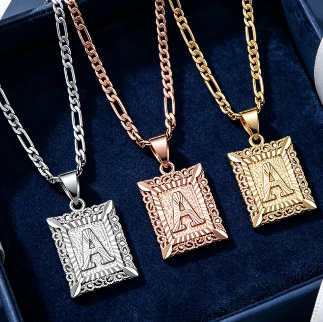 A-Z 26 Initial Letter Pendant Necklace Vintage Square Figaro Chain Necklaces for Women ladies Letter Charms Fancy Jewelry Gift