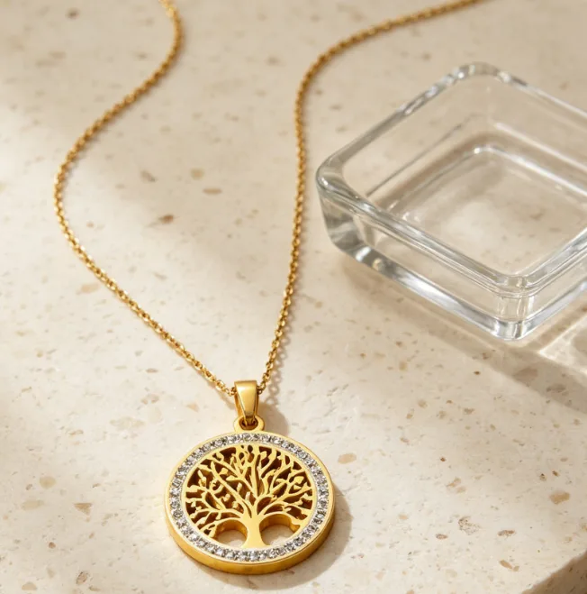 Tree of Life Pendant Necklace Stainless Steel Round Necklaces for Women Men Tree Lucky Amulet Vintage Statement Jewelry
