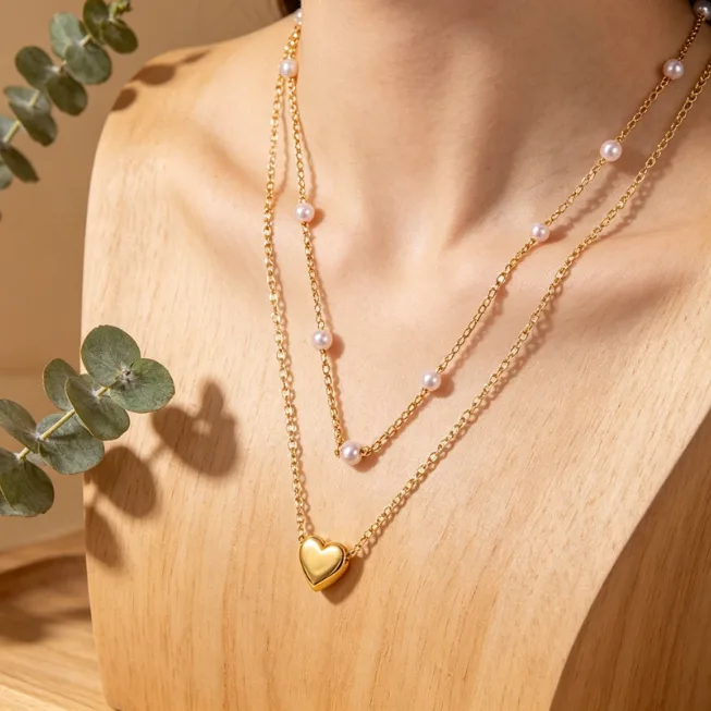 Heart Beaded Layered Chain Necklace Stainless Steel Necklaces for Women Dainty Double Layer Elegant Wedding Bridal Wholesale Jewelry view 2