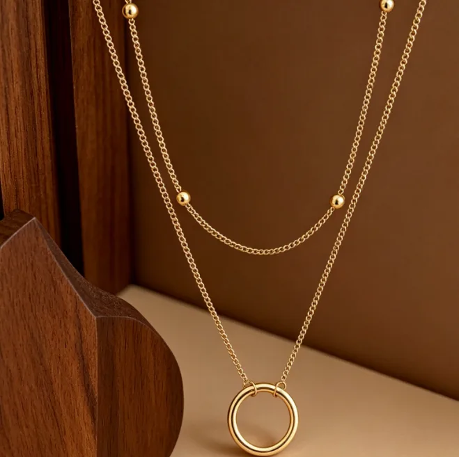 18K Gold Plated Circle Layered Necklace Stainless Steel Necklaces for Women Karma Open Ring Dainty Minimalist Jewelry view 3