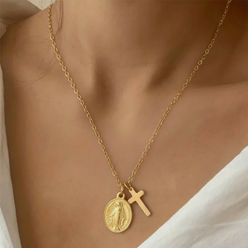 Hypoallergenic Waterproof Anti Tarnish Stainless Steel Virgin Mary Coin Cross Pendant Adjustable Chain Jewelry for Women view 3