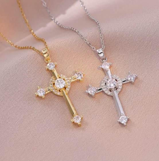 Wholesale Hypoallergenic Waterproof Anti-Tarnish Stainless Steel Chain Sparkly Zircon Geometric Cross Pendant Dainty Women Faith Clavicle Jewelry