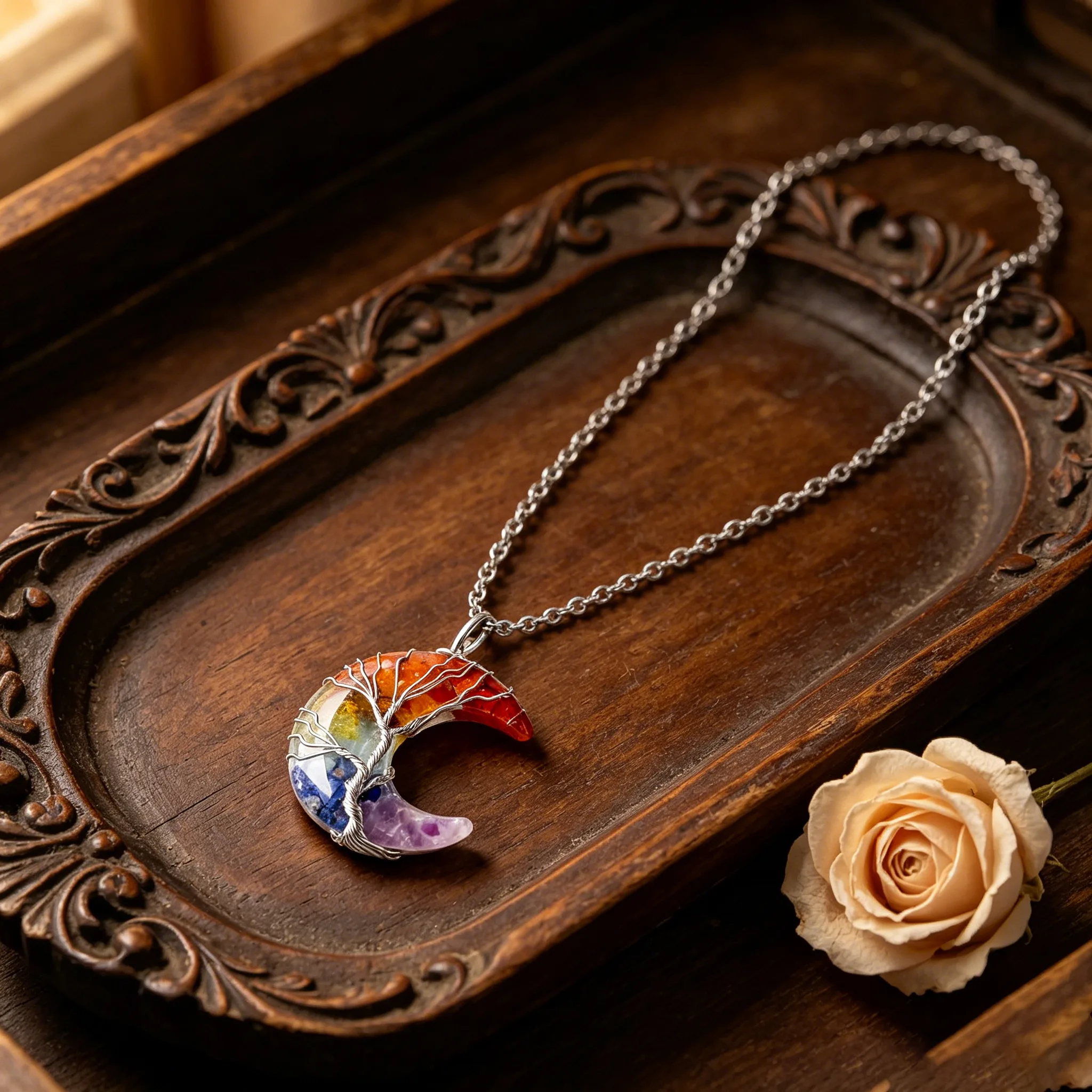 Natural Chakra Crystal Chips Wire Wrapped Tree Of Life Crescent Moon Pendant Necklaces Healing Energy Spiritual Women Statement Jewelry view 2