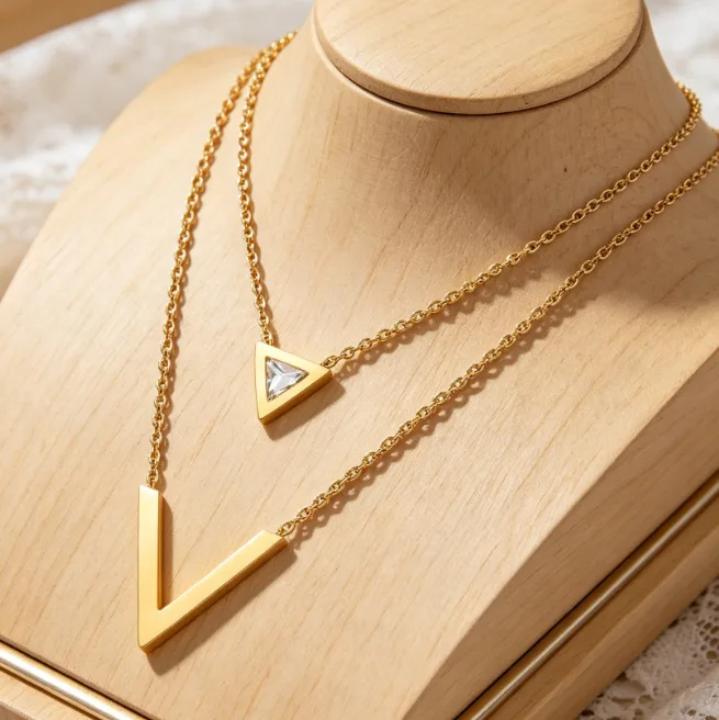 Double Layer V Triangle CZ Necklace Stainless Steel Necklaces for Women Dainty Geometric Elegant Sweet Daily Layered Jewelry