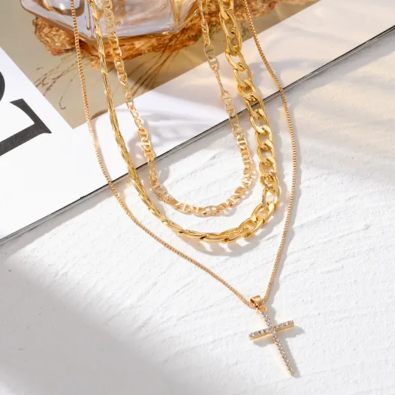 Women Three Layer Figaro Thin Chain Full Rhinestone Cross Pendant Necklaces Golden Cool Trendy Stackable Hip Hop Fashion jewelry view 2