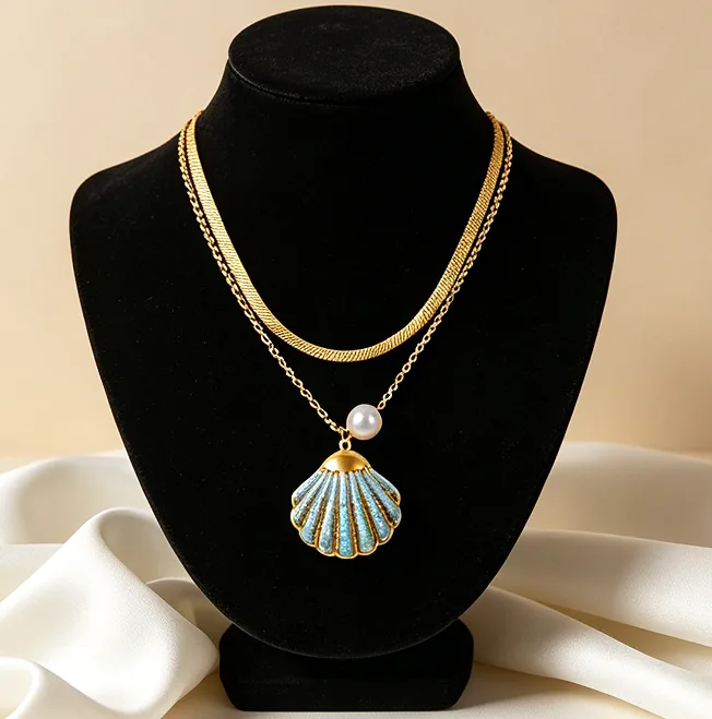 Blue Enamel Scallop Shell Pearl Pendant Necklace Stainless Steel Necklaces for Women Ocean Beach Dainty Boho Jewelry joias de luxo