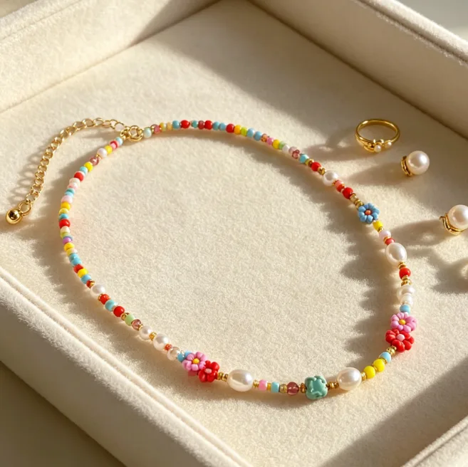 Boho Colorful Seed Beaded Daisy Flower Necklace Handmade Pearl Necklaces fancy for ladies Women Summer Beach Vacation Cute Jewelry view 2