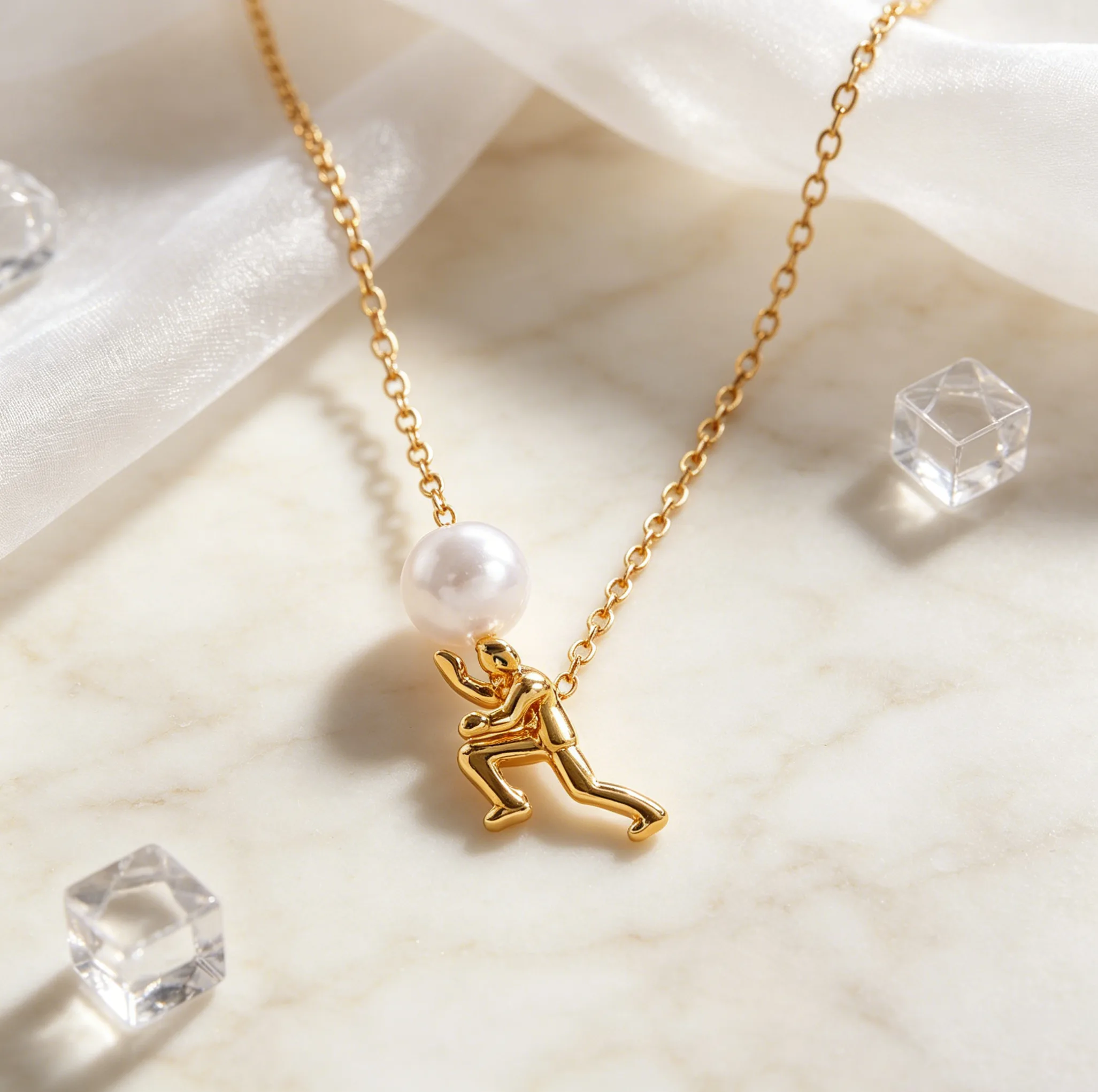 Abstract Tiny Human Lifting Freshwater Pearl Pendant Thin Chain Necklaces Gold Silver Tone Minimal Artistic Dainty Trendy Women Designer Jewelry view 2