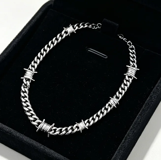 Wholesale Barbed Wire Cuban Curb Link Chain Necklace Stainless Steel Men Jewelry Hip Hop Punk Gothic Streetwear Thorns Jewelry