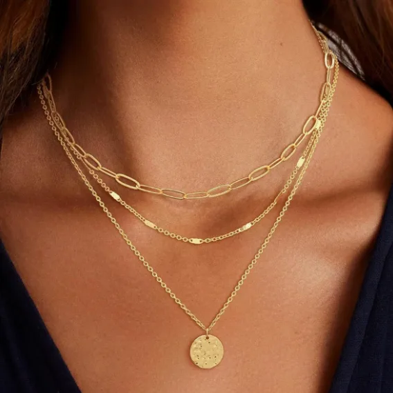 Anti-Fade 18K Gold Plated Stainless Steel jewelry Three Layer Paperclip Chain Hammered Disc Pendant Minimalist Stackable Necklaces for Women view 3
