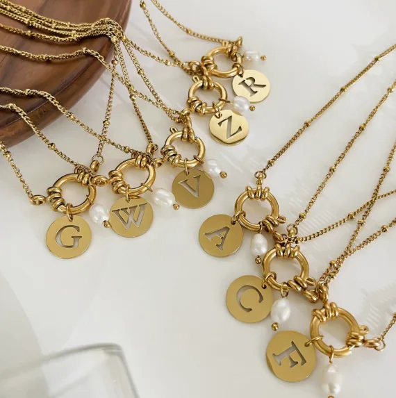 Waterproof Hypoallergenic Anti-Tarnish Stainless Steel Toggle Clasp Initial Disc Freshwater Pearl Beaded Chain Personalized Women A-Z Letter Necklaces view 3