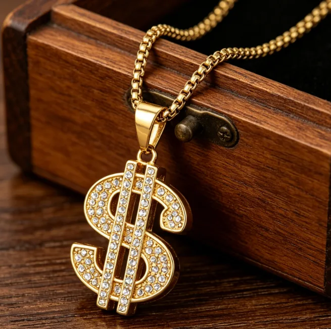 Dollar Sign Money Symbol Pendant Necklace Stainless Steel Box Chain Hip Hop Rapper Punk Mens Womens Lucky Charms Wholesale Jewelry
