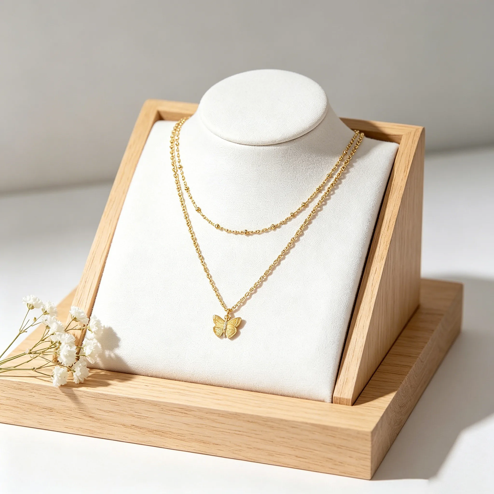 Butterfly Pendant Double Layer Thin Cable Chain Necklaces Minimal Gold Tone Women Daily Layering Wholesale jewelry