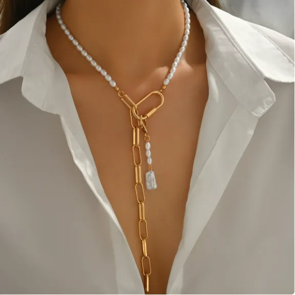 Detachable Imitation Pearl O Toggle Cross Link Y Drop Tassel Pendant Thin Chain Minimal Fashion Designer Necklaces Jewelry for Women view 3