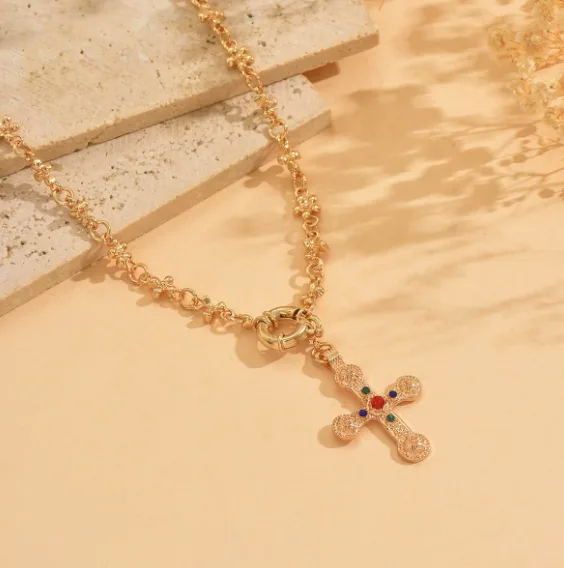 Multi Color Rhinestone Inlaid Cross Y Drop Pendant Twisted Flower Link Vintage Fashion Necklaces Jewelry for Women