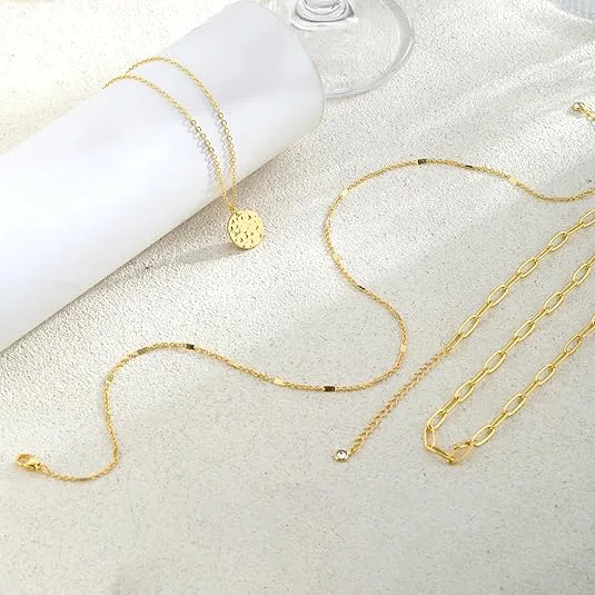 Anti-Fade 18K Gold Plated Stainless Steel jewelry Three Layer Paperclip Chain Hammered Disc Pendant Minimalist Stackable Necklaces for Women view 2