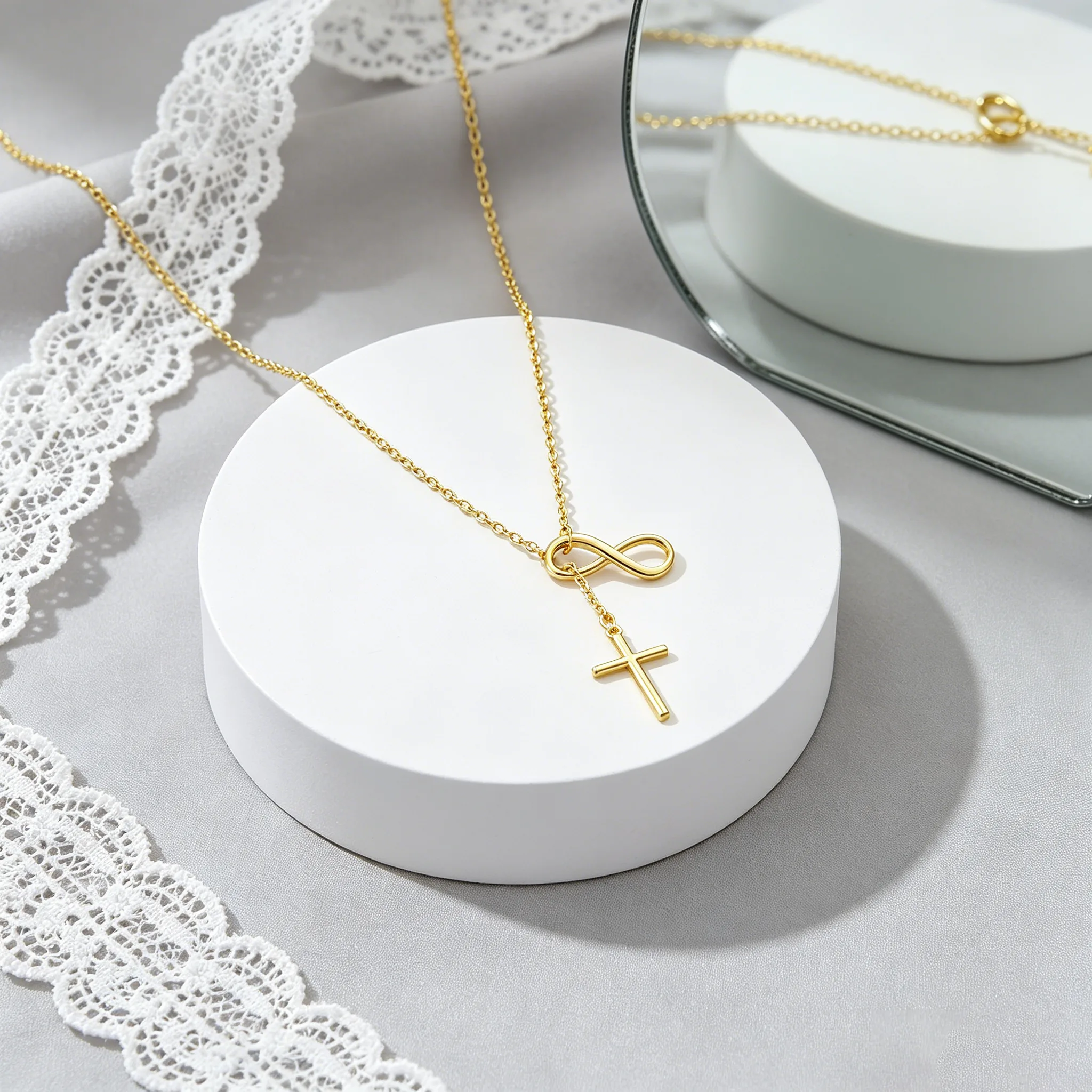 Infinity Symbol Cross Tassel Pendant Thin Cable Chain Gold Tone Minimal Dainty Religious Necklaces fancy jewelry for Women view 2