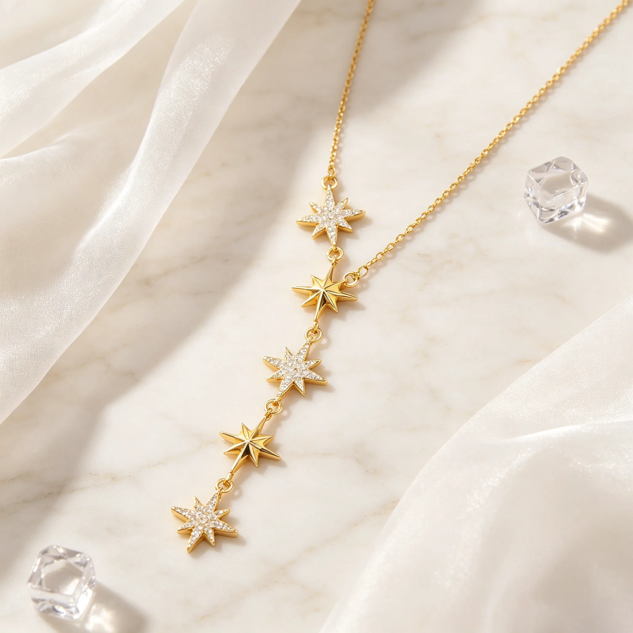 Fashion Sparkly Zircon 5 Eight Pointed Star Y Drop Pendant Thin Chain Necklaces Dainty Elegant Layering Jewelry for Women Daily Party