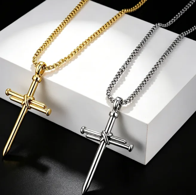 Vintage Nail Cross Pendant Necklace Stainless Steel Box Chain Religious Christian Faith Necklace Hip Hop Punk Jewelry for Women Men view 3