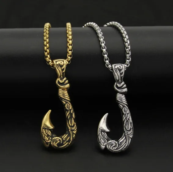 Hypoallergenic Waterproof Anti-Tarnish Stainless Steel Engraved Viking Fish Hook Pendant Box Chain Retro Hip Hop Unisex Trendy Statement Necklaces