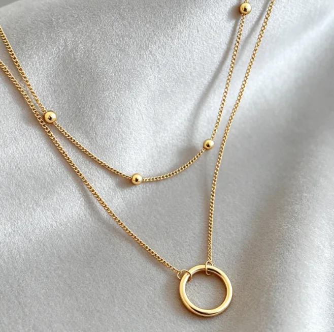 18K Gold Plated Circle Layered Necklace Stainless Steel Necklaces for Women Karma Open Ring Dainty Minimalist Jewelry
