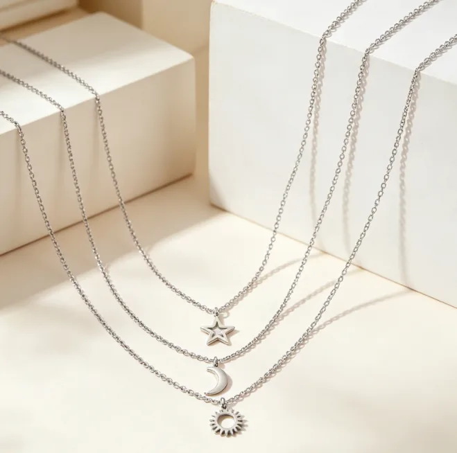 Sun Moon Star Pendant Necklace Set Stainless Steel Celestial Dainty Necklaces for Women Friendship BFF Matching Couples Gift view 2
