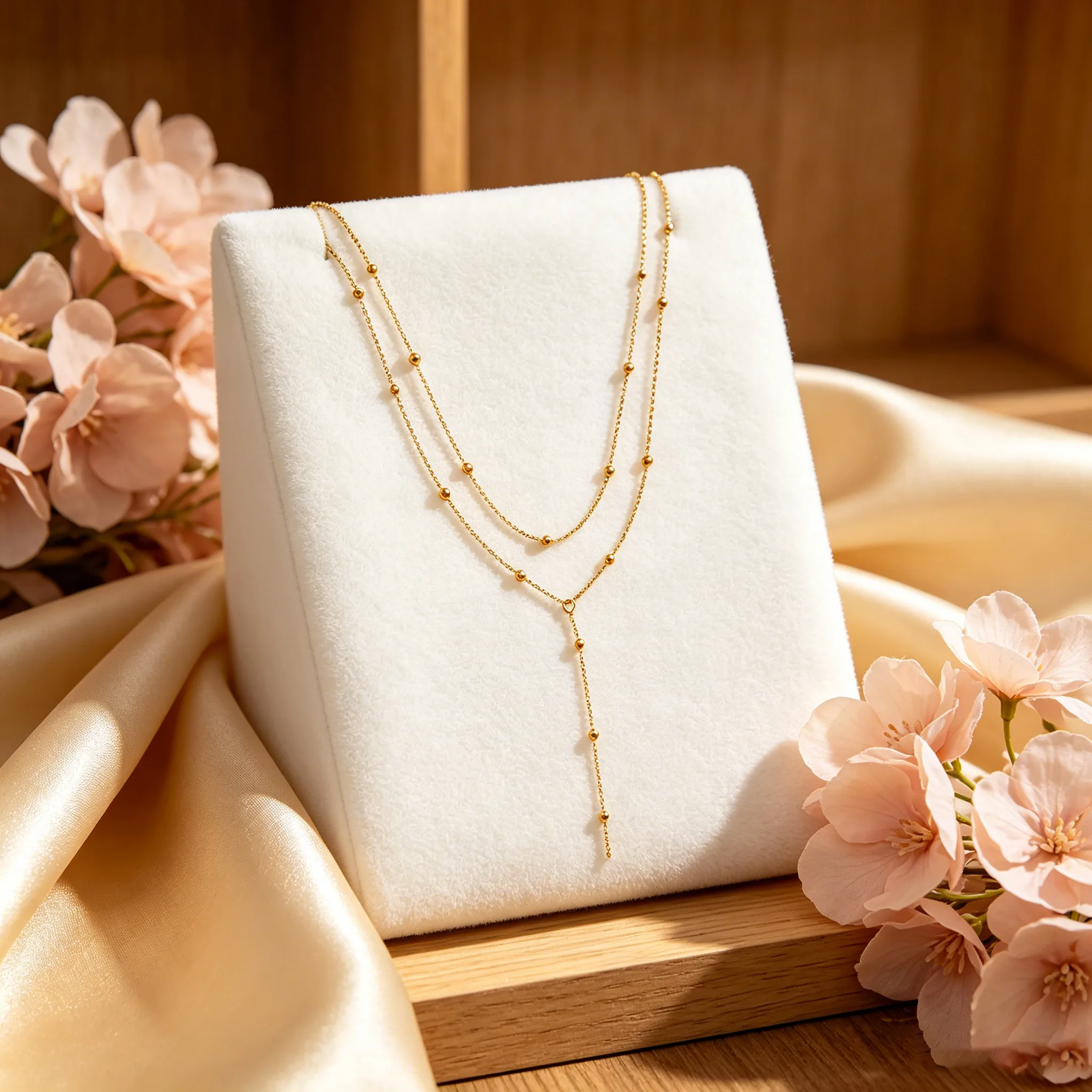 Anti-Fade Vacuum Plated Hypoallergenic Stainless Steel Double Layer Beaded Y Lariat Tassel Stackable Necklaces Jewelry for Women view 2