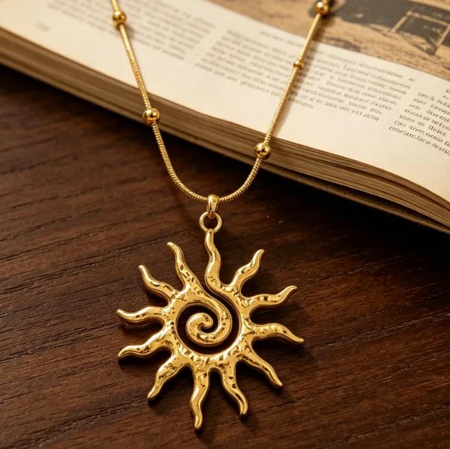 Spiral Sun Pendant Necklace Stainless Steel Snake Chain Necklaces for Women Boho Sunburst Vintage Statement Layered Jewelry view 2
